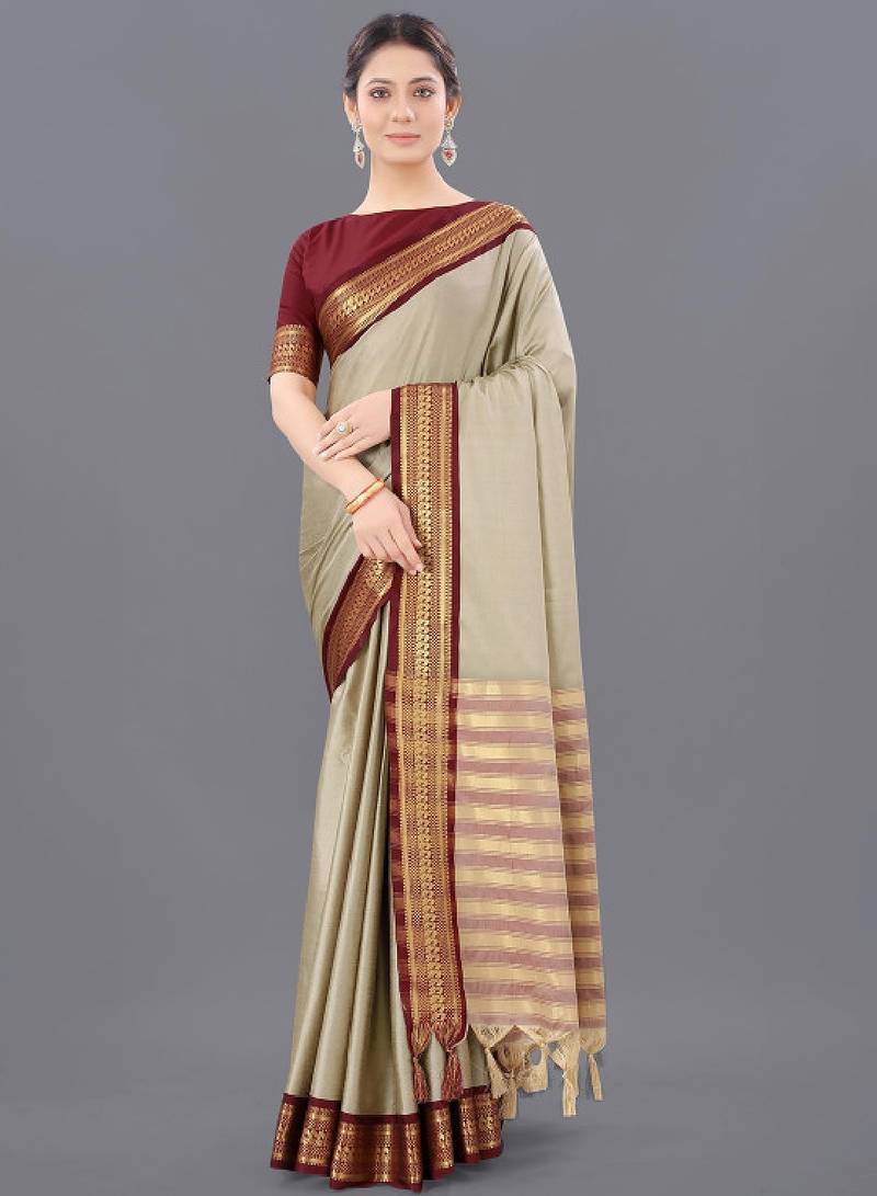 Ethnic motifs woven design silk cotton zari saree