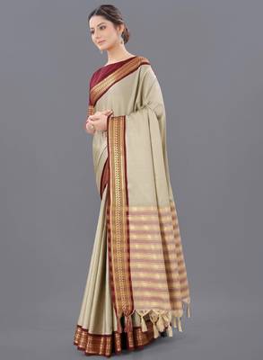 Ethnic motifs woven design silk cotton zari saree 2