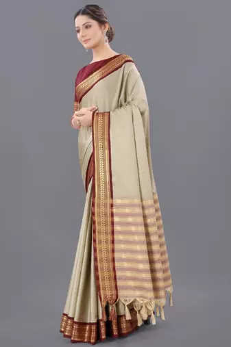 Ethnic motifs woven design silk cotton zari saree
