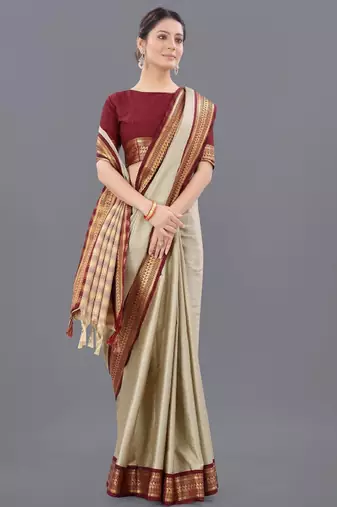 Ethnic motifs woven design silk cotton zari saree
