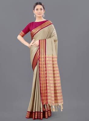 Ethnic motifs woven design silk cotton zari saree 1