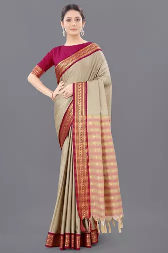 Ethnic motifs woven design silk cotton zari saree