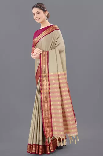Ethnic motifs woven design silk cotton zari saree