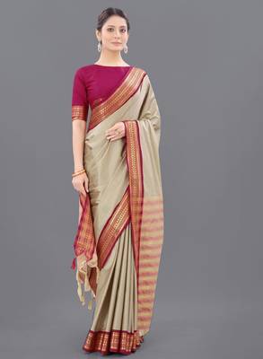 Ethnic motifs woven design silk cotton zari saree 4