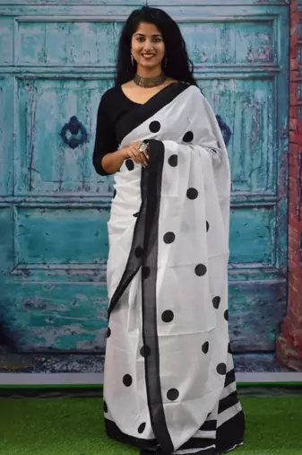 Polka dot printed pure cotton block print saree