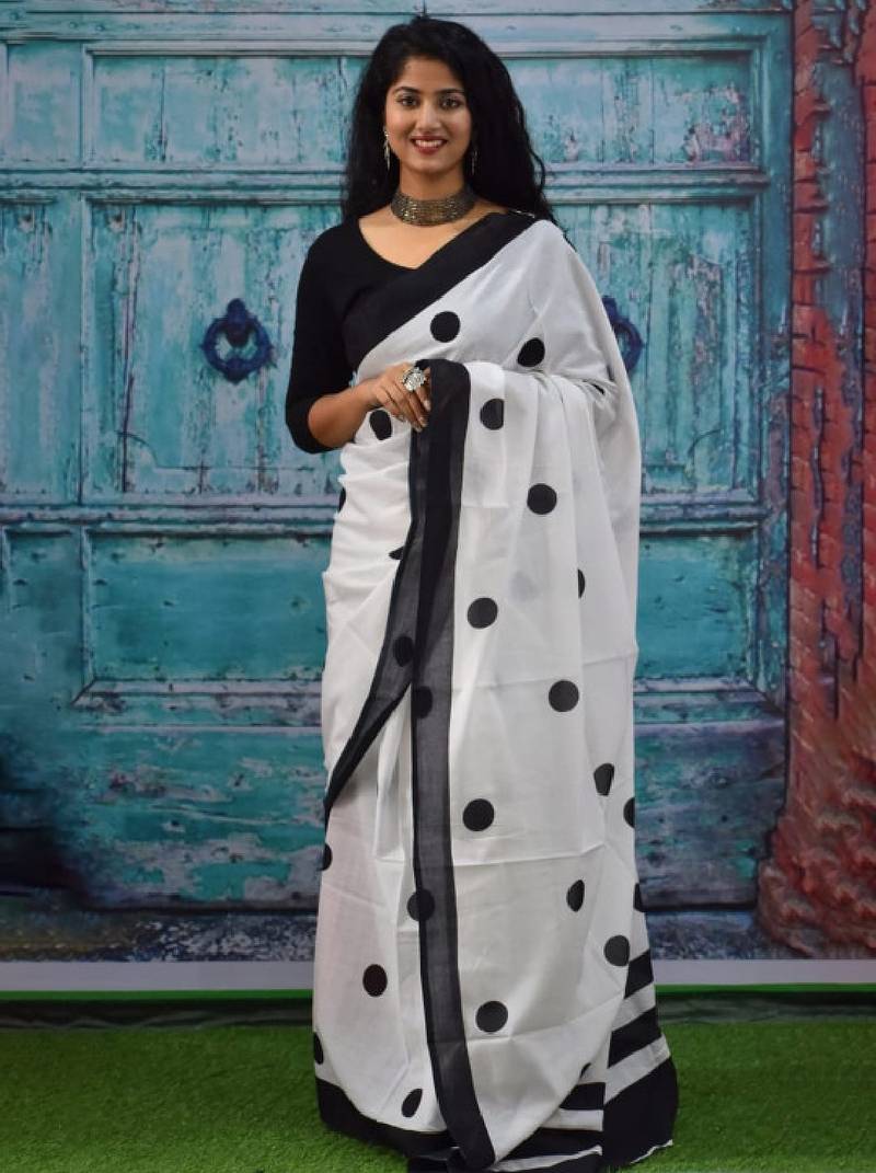 Polka dot printed pure cotton block print saree