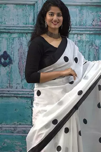 Polka dot printed pure cotton block print saree