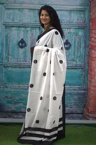 Polka dot printed pure cotton block print saree