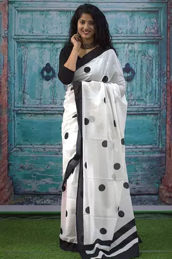 Polka dot printed pure cotton block print saree