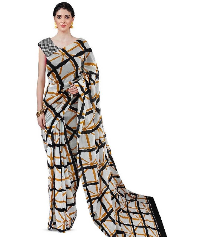 Checked pure cotton block print saree