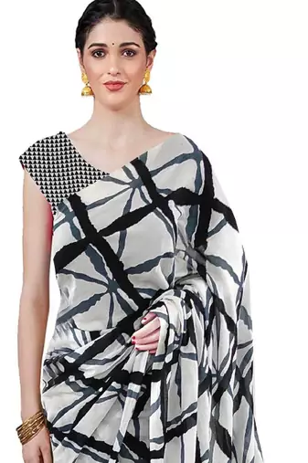 Checked pure cotton block print saree
