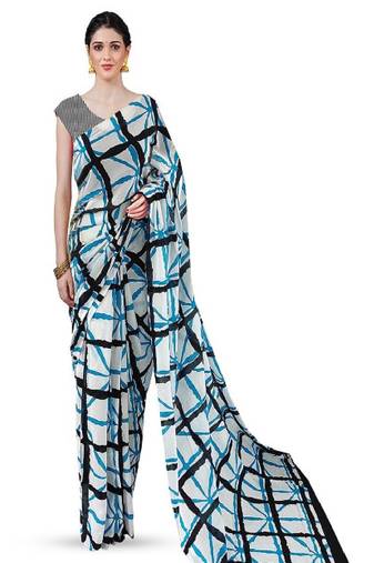 white cotton saree with checked designer block print