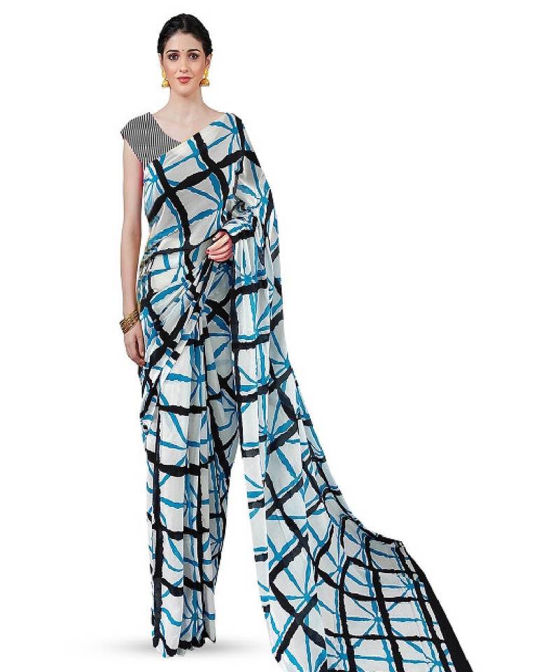 Checked pure cotton designer block print saree