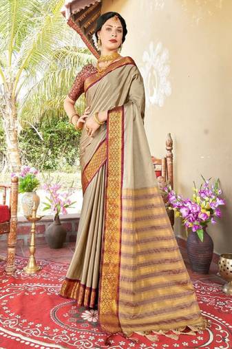 beige zari banarasi saree with gold tone design