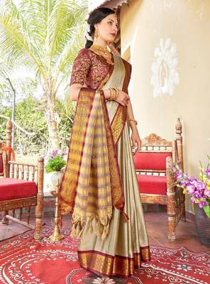 Beige & goldtoned zari banarasi saree 2
