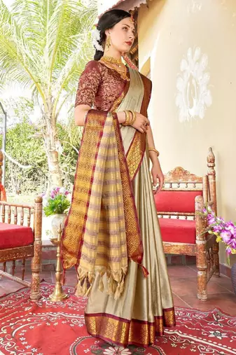 Beige & goldtoned zari banarasi saree