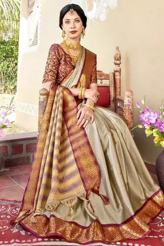 Beige & goldtoned zari banarasi saree