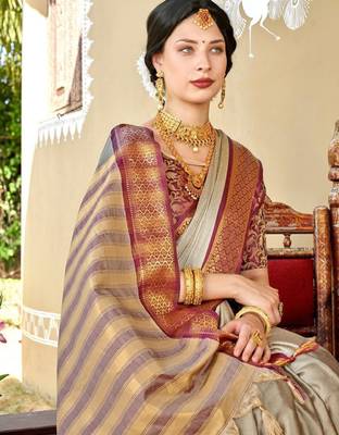 Beige & goldtoned zari banarasi saree 4