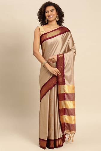 beige woven saree with zari ethnic motif design