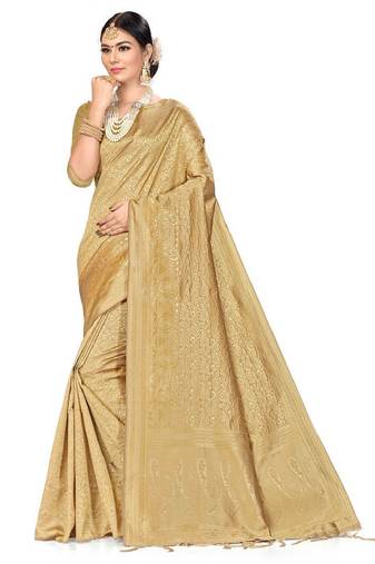 beige banarasi silk saree with floral woven zari design