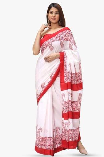 white cotton saree with printed ethnic motifs design