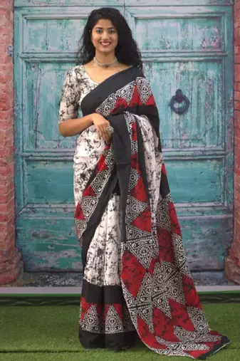 Abstract printed mulmul cotton block print saree