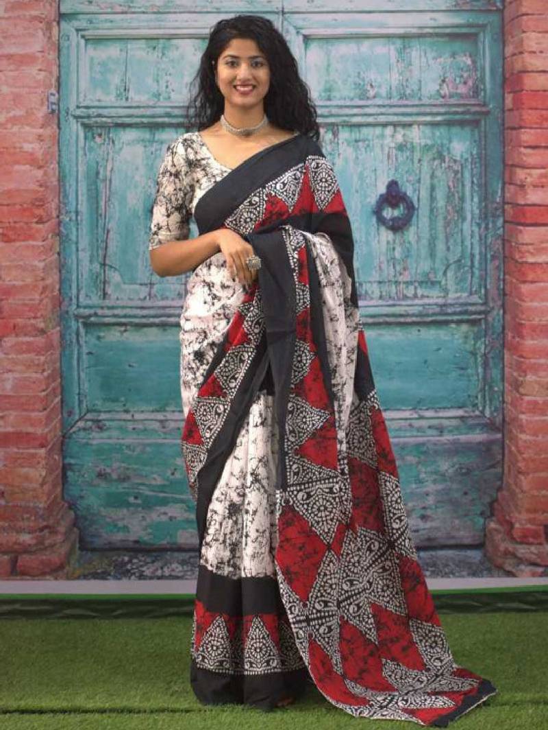 Abstract printed mulmul cotton block print saree