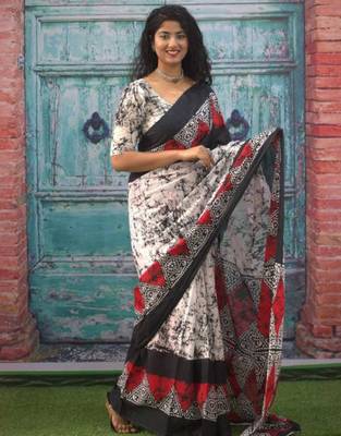 Abstract printed mulmul cotton block print saree 2