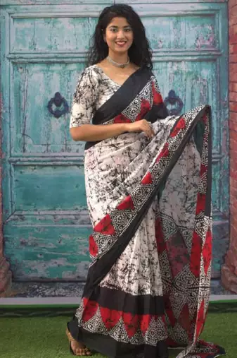 Abstract printed mulmul cotton block print saree