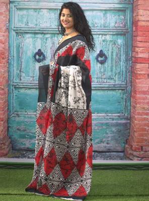 Abstract printed mulmul cotton block print saree 3