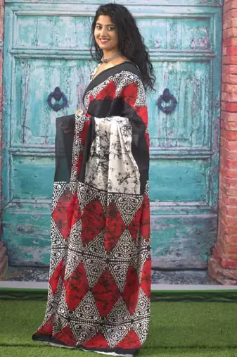 Abstract printed mulmul cotton block print saree