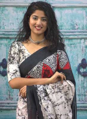 Abstract printed mulmul cotton block print saree 4