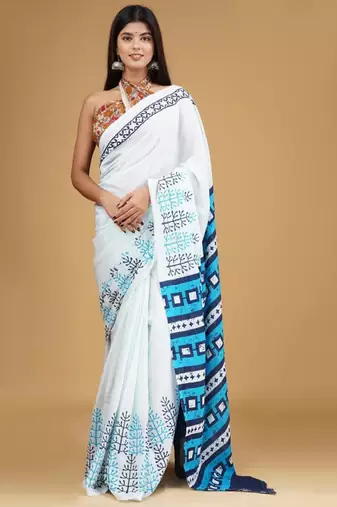 Ethnic motifs pure cotton block print saree