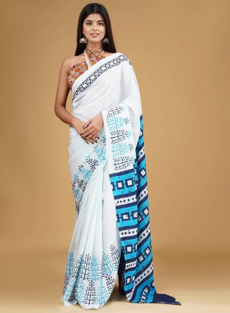 Ethnic motifs pure cotton block print saree