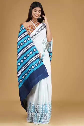 Ethnic motifs pure cotton block print saree