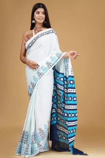 Ethnic motifs pure cotton block print saree