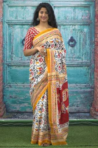 white cotton bandhani saree with ethnic printed motifs