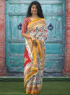 Ethnic motifs printed pure cotton bandhani saree 4