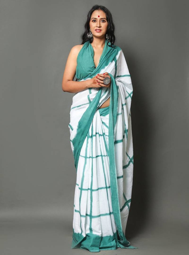 Checked pure cotton bandhani saree