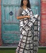 Checked pure cotton block print saree