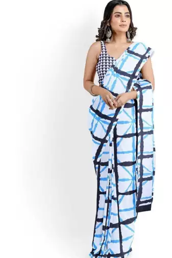 Checked pure cotton block print saree