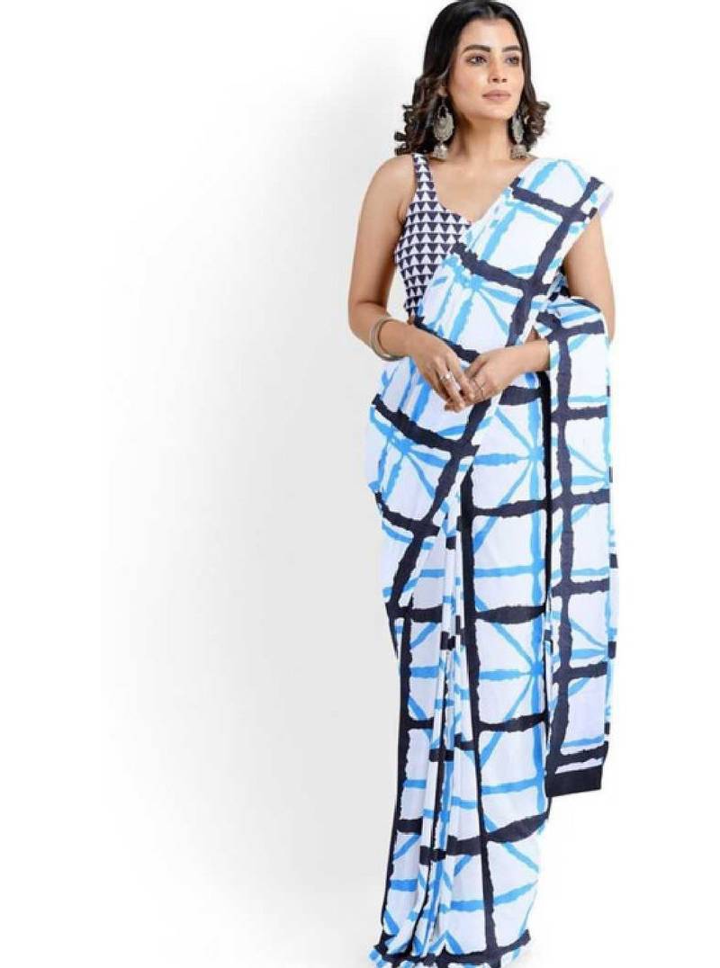 Checked pure cotton block print saree
