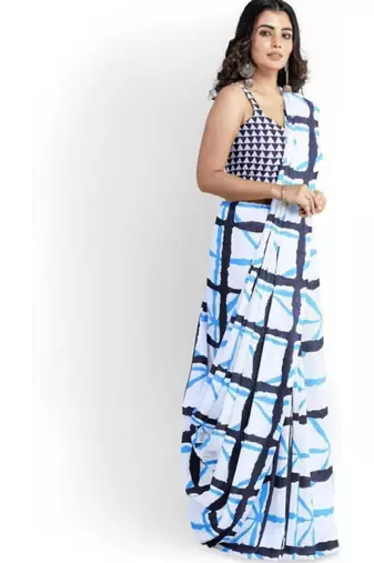 Checked pure cotton block print saree