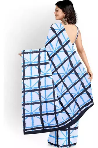 Checked pure cotton block print saree