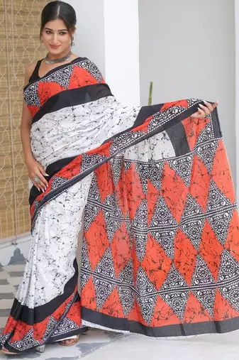 Mulmul cotton block print saree