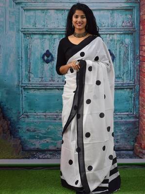 Polka dot block print pure cotton saree 1