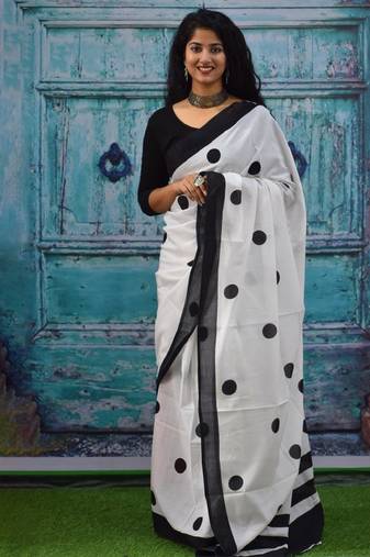 Polka dot block print pure cotton saree