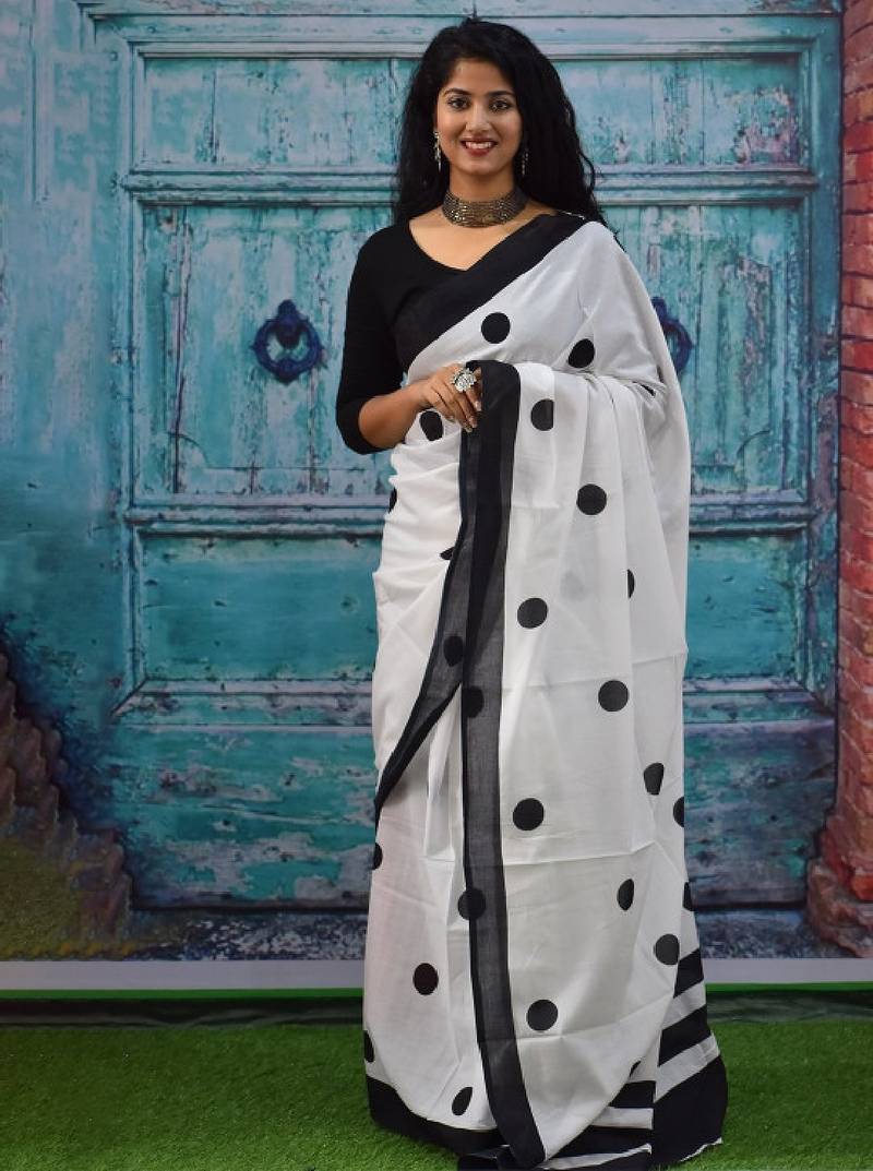 Polka dot block print pure cotton saree