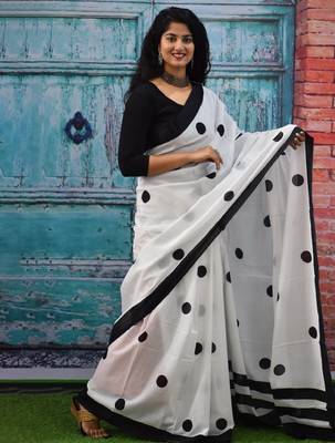 Polka dot block print pure cotton saree 2