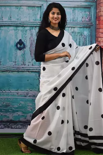 Polka dot block print pure cotton saree